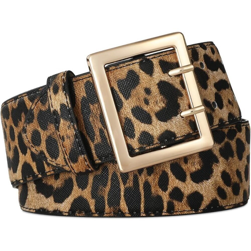 🆕Women Leather Wide Fashion Thick Dress Belt With Gold Buckle Belt Leopard Gold